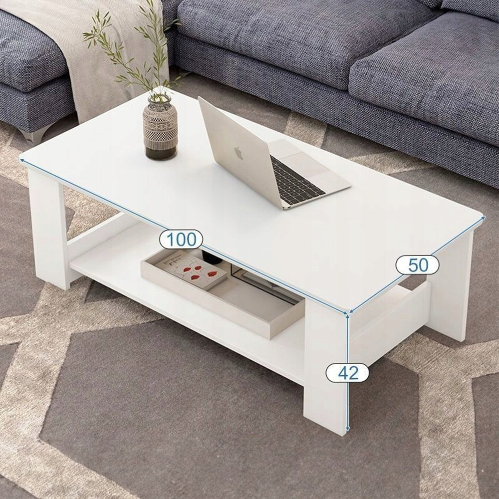 Weißer Couchtisch 100x50x42 cm – mit praktischem Ablagefach, modernes Design