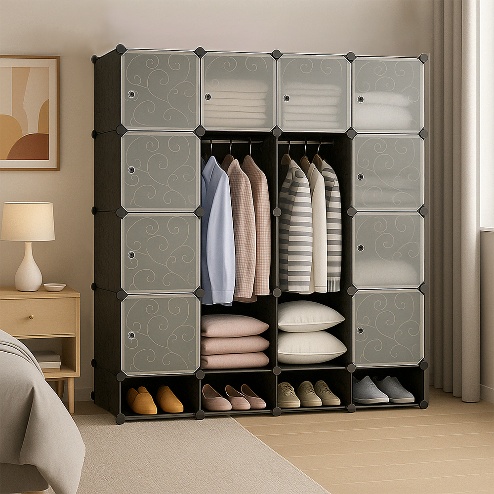 Faltbarer modularer Kleiderschrank 165x147 cm – Schrank mit Regalen und Schuhfach, ideal für das Schlafzimmer oder auf Reisen