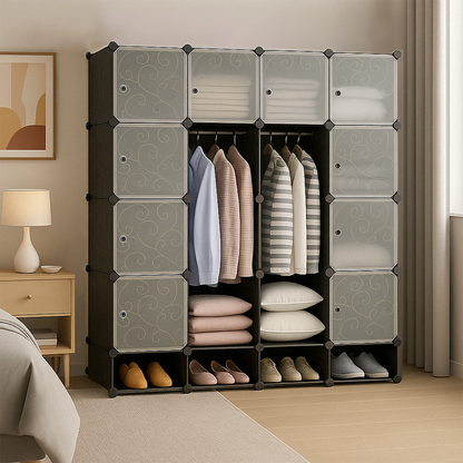 Faltbarer modularer Kleiderschrank 165x147 cm – Schrank mit Regalen und Schuhfach, ideal für das Schlafzimmer oder auf Reisen