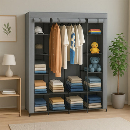 Modularer Textilschrank 170x45x175 cm mit 14 Einlegeböden und 2 Kleiderstangen – geräumiger Garderobenschrank mit Metallrahmen