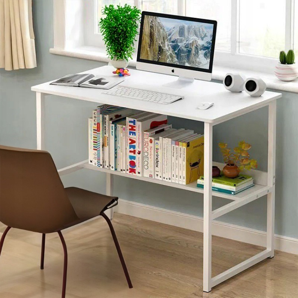 Moderner weißer Jugend-Schreibtisch mit integriertem Regal – 100x45x73 cm, aus MDF gefertigt, elegantes Design.