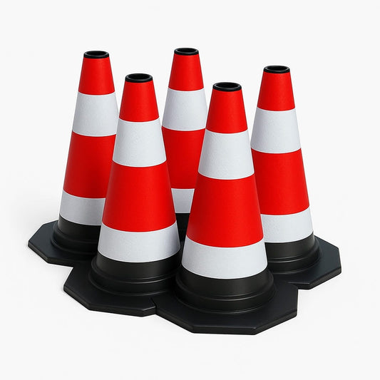 5er-Set Verkehrsleitkegel 60 cm – Flexibel und reflektierend – Für sichere Markierung im Straßenverkehr und auf Baustellen