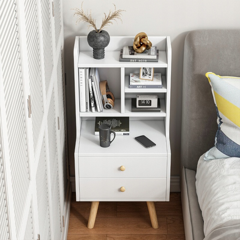 Weißer Nachttisch mit 2 Schubladen und offenen Regalfächern – 36x43x90 cm, skandinavischer Stil