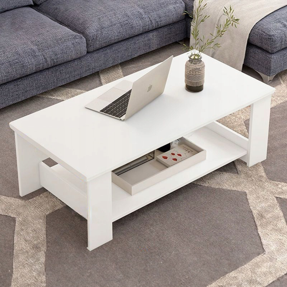 Weißer Couchtisch 100x50x42 cm – mit praktischem Ablagefach, modernes Design