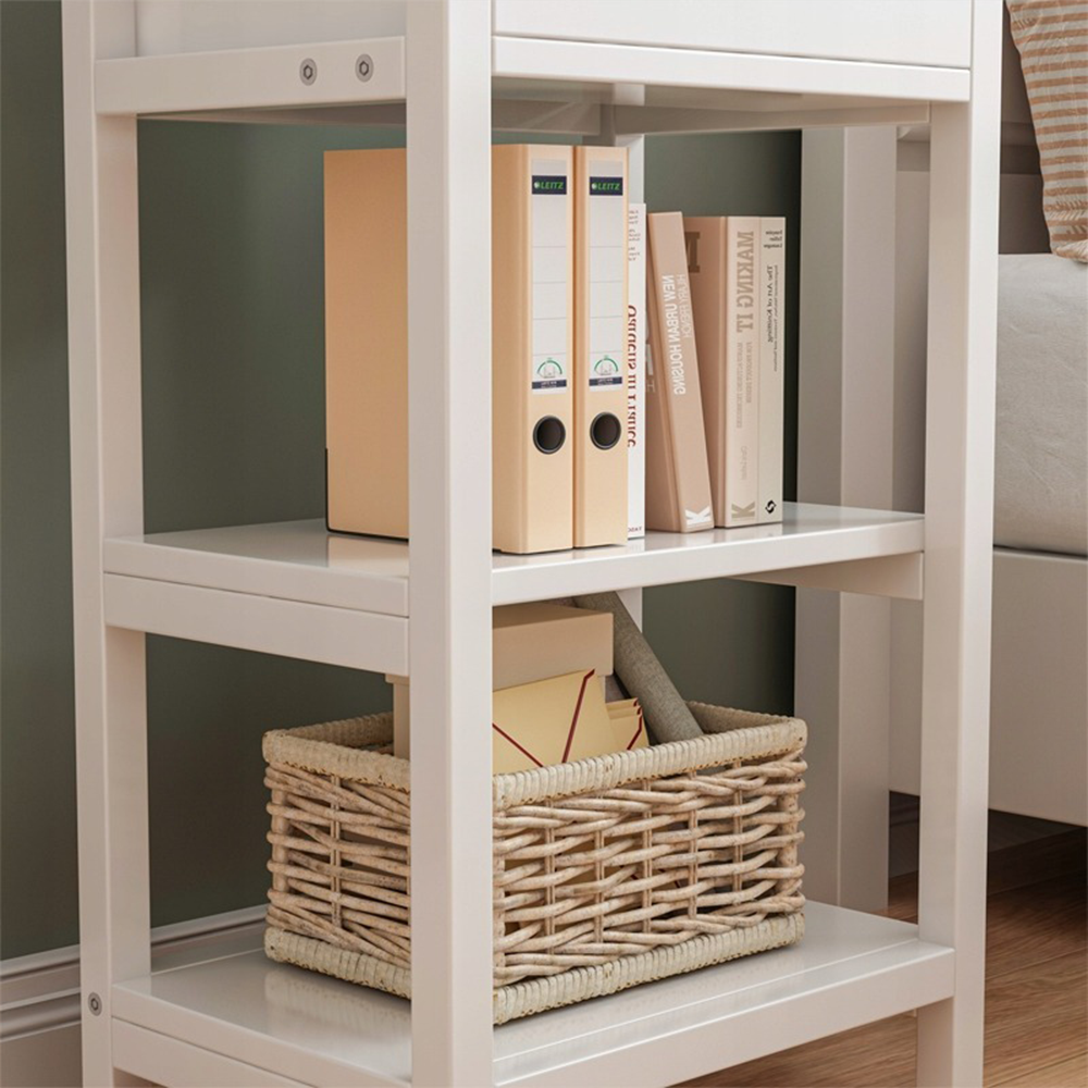 Weißer Nachttisch mit Schublade und 2 Ablagen – Loft-Stil, MDF, 45x68x30 cm