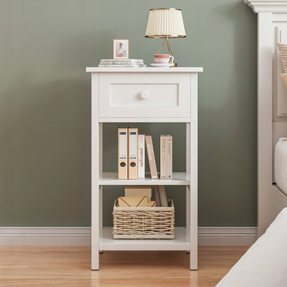 Weißer Nachttisch mit Schublade und 2 Ablagen – Loft-Stil, MDF, 45x68x30 cm