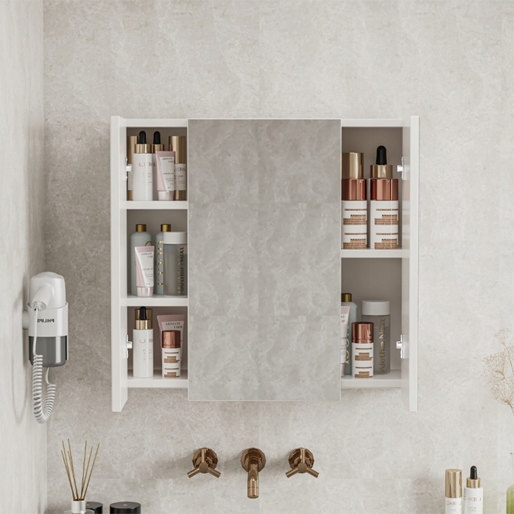 Wandhängender Badezimmerschrank mit dreifachem Spiegel, 60 cm – modern und praktisch, weiß.