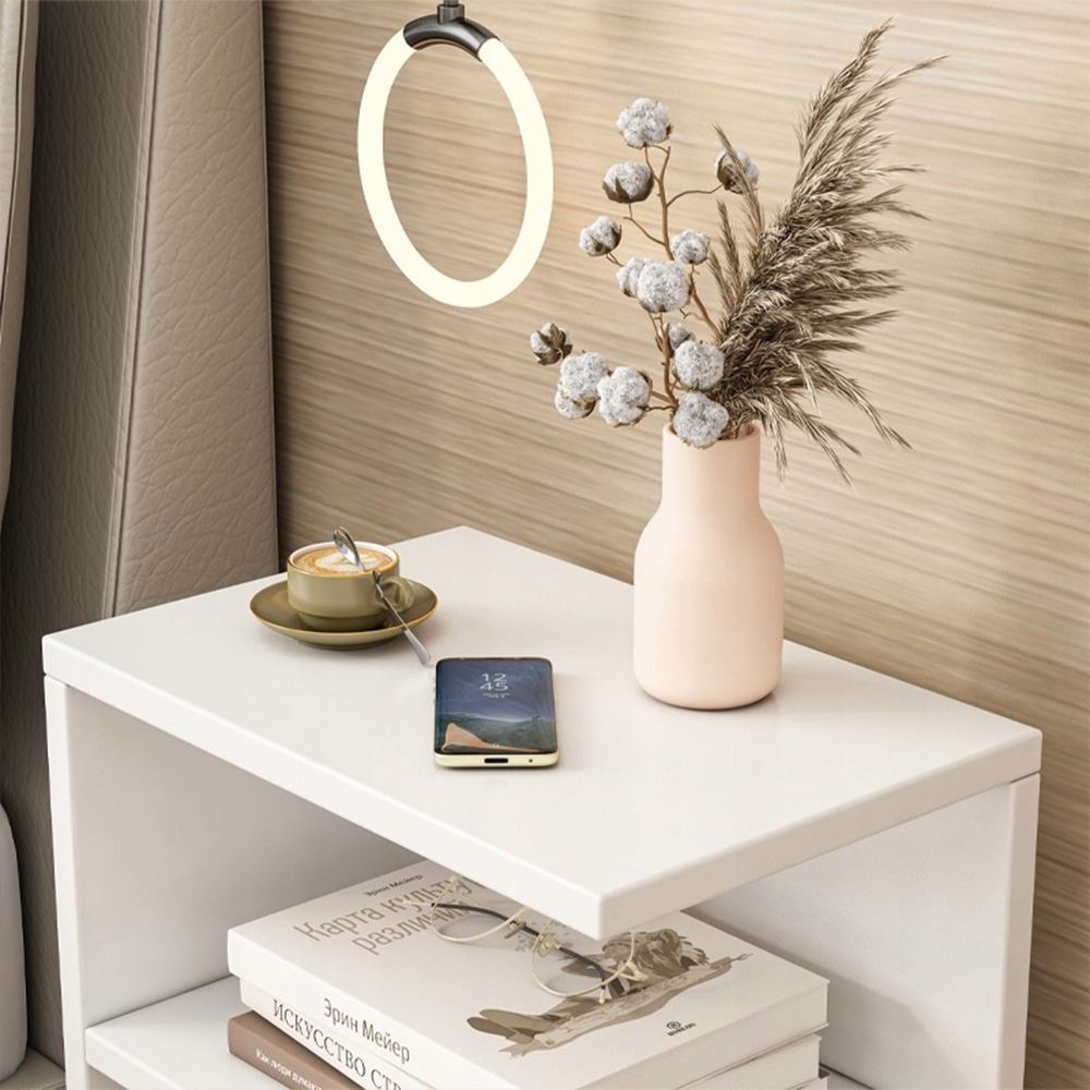 Moderner weißer Nachttisch – 30x20x50 cm, mit Schublade und offenem Regal, rechts/links montierbar