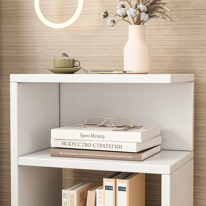 Moderner weißer Nachttisch – 30x20x50 cm, mit Schublade und offenem Regal, rechts/links montierbar