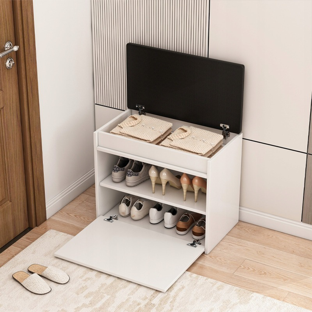 Weißer Schuhschrank mit Sitzbank – 60 × 49 × 35 cm – Sitzbank mit Stauraum