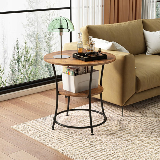 Runder industrieller Couchtisch für Wohnzimmer mit Regal, brauner Loft 55 cm