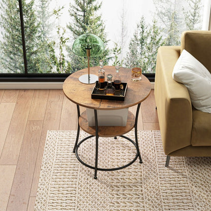 Runder industrieller Couchtisch für Wohnzimmer mit Regal, brauner Loft 55 cm