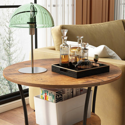 Runder industrieller Couchtisch für Wohnzimmer mit Regal, brauner Loft 55 cm