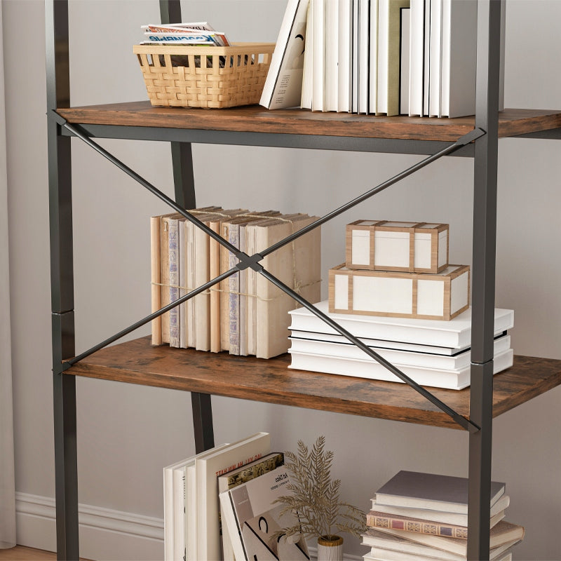 Rustikales Bücherregal mit 5 Regalböden – 56x34x172 cm, schwarzes Metallgestell und MDF in dunkler Holzoptik