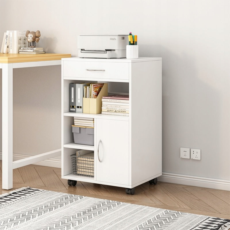 Weißer rollbarer Büroschrank mit Regalböden und Schublade – 50 x 40 x 75 cm – praktischer Drucker-Unterschrank
