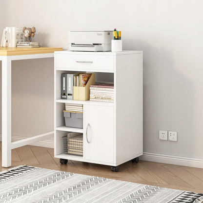Weißer rollbarer Büroschrank mit Regalböden und Schublade – 50 x 40 x 75 cm – praktischer Drucker-Unterschrank