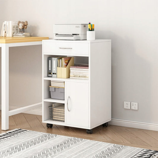 Weißer rollbarer Büroschrank mit Regalböden und Schublade – 50 x 40 x 75 cm – praktischer Drucker-Unterschrank