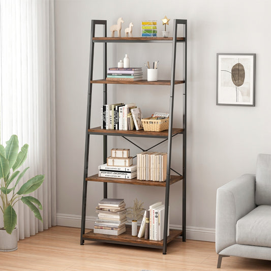 Rustikales Bücherregal mit 5 Regalböden – 56x34x172 cm, schwarzes Metallgestell und MDF in dunkler Holzoptik