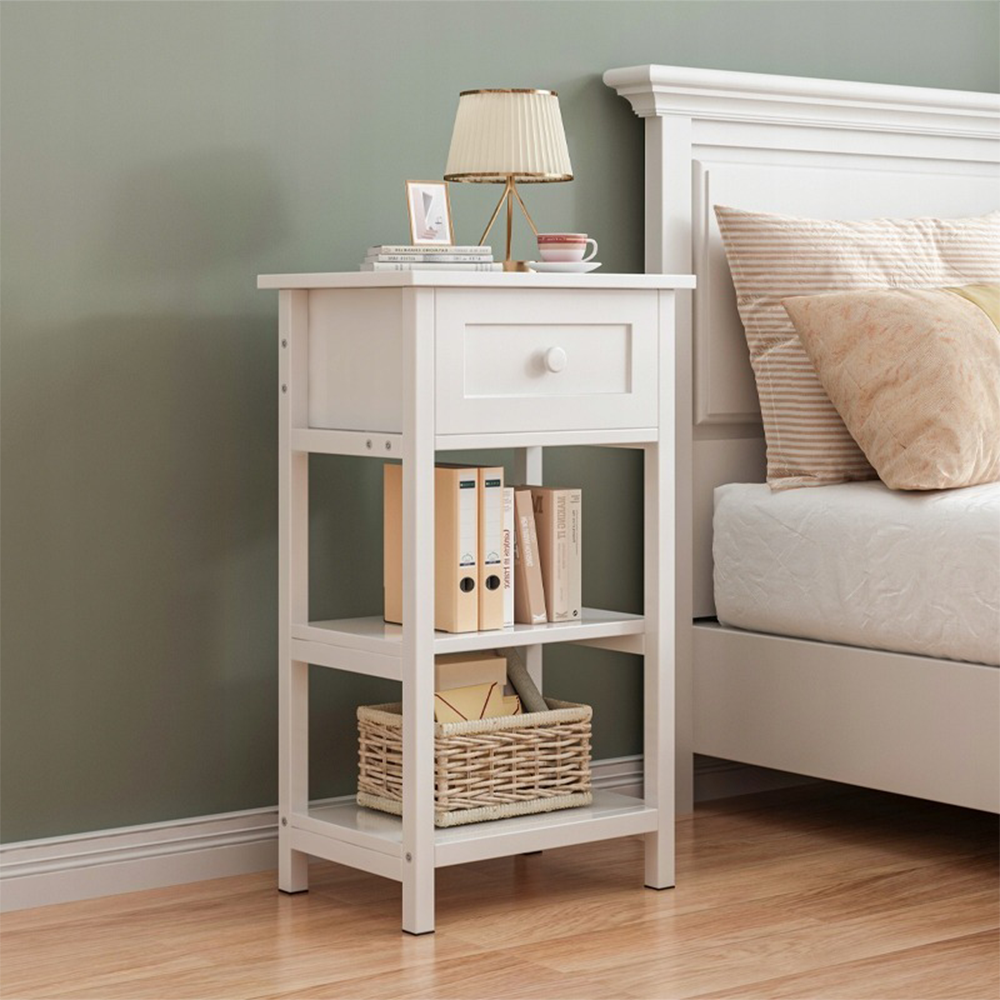 Weißer Nachttisch mit Schublade und 2 Ablagen – Loft-Stil, MDF, 45x68x30 cm