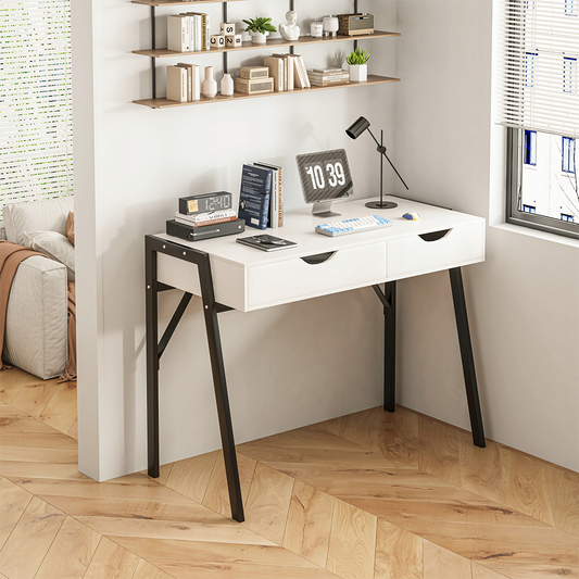 Moderner Schreibtisch in Mattweiß mit Schubladen und schwarzen Metallbeinen – 80x40x90 cm