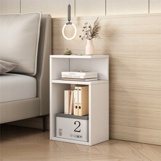 Moderner weißer Nachttisch – 30x20x50 cm, mit Schublade und offenem Regal, rechts/links montierbar