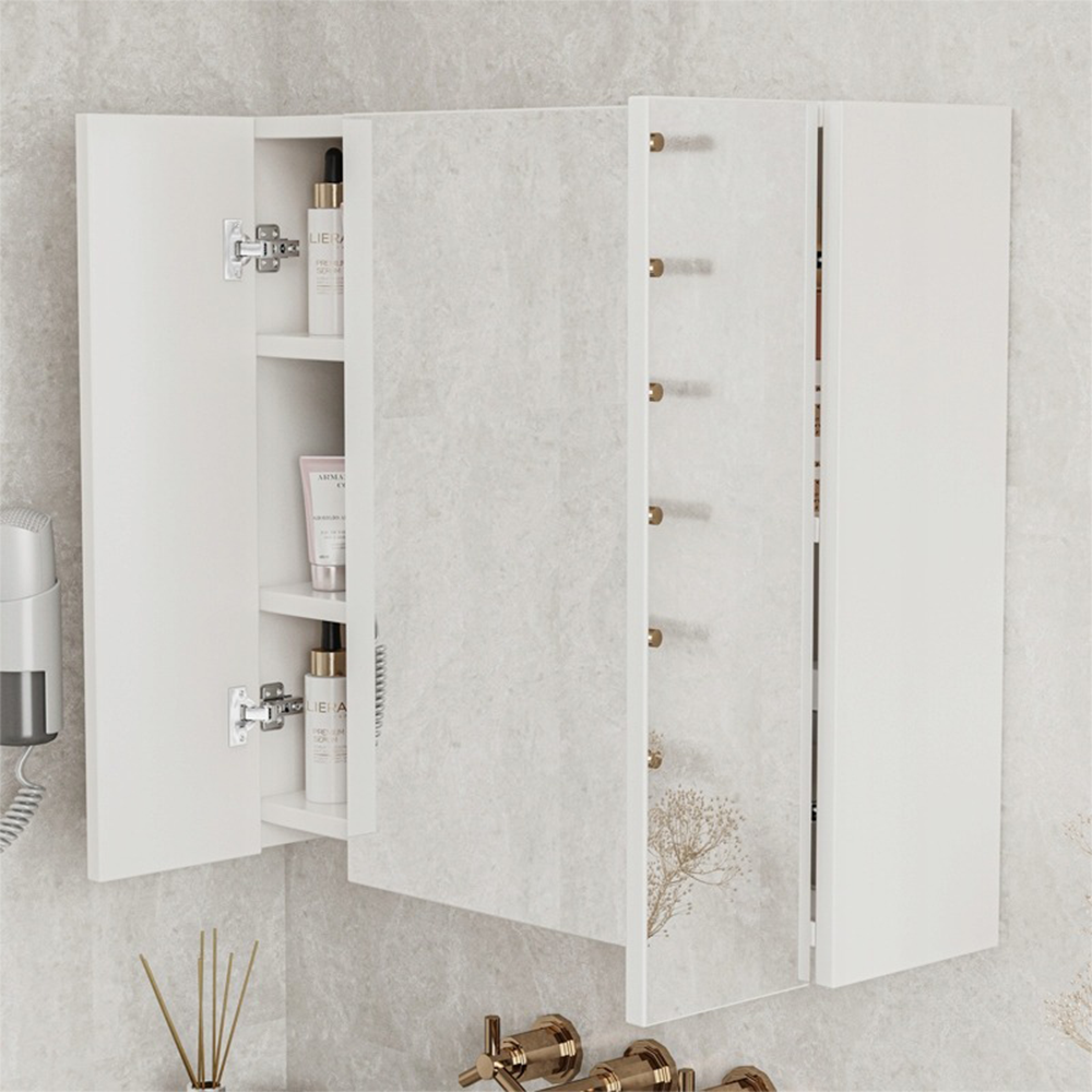 Wandhängender Badezimmerschrank mit dreifachem Spiegel, 60 cm – modern und praktisch, weiß.