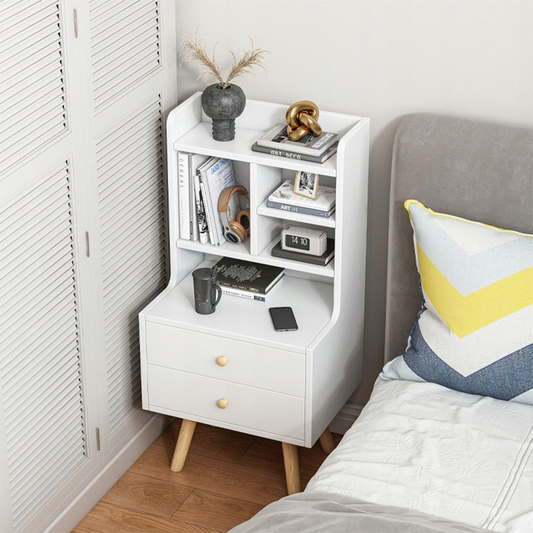 Weißer Nachttisch mit 2 Schubladen und offenen Regalfächern – 36x43x90 cm, skandinavischer Stil
