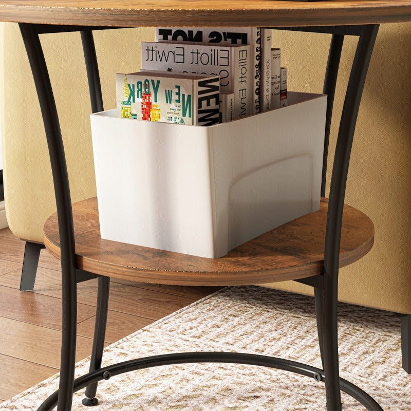 Runder industrieller Couchtisch für Wohnzimmer mit Regal, brauner Loft 55 cm