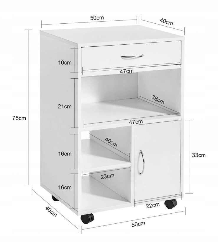 Weißer rollbarer Büroschrank mit Regalböden und Schublade – 50 x 40 x 75 cm – praktischer Drucker-Unterschrank